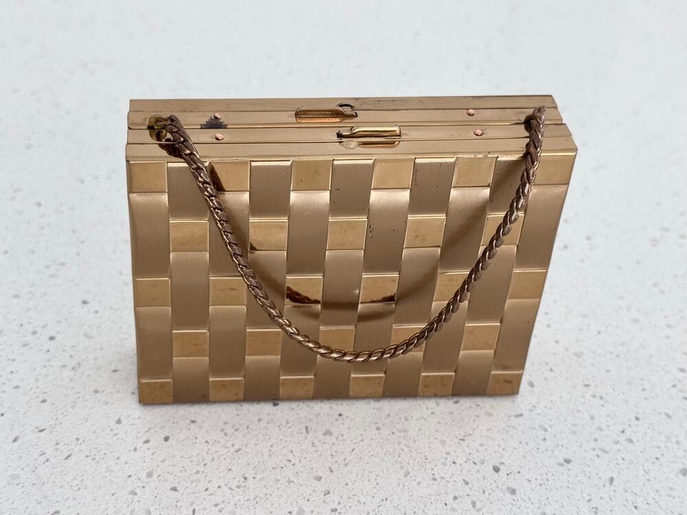 Vintage Miniaudiere & Makeup Gold Basket Weave Compact Purse Case